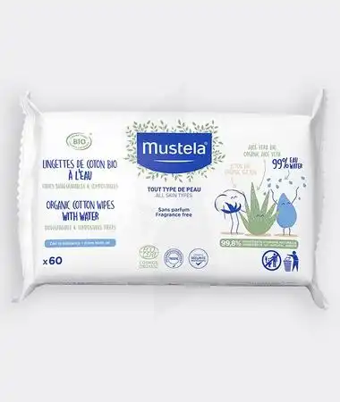 Mustela Bébé enfant Lingettes de Coton Bio à l'Eau 3Sachets de 60