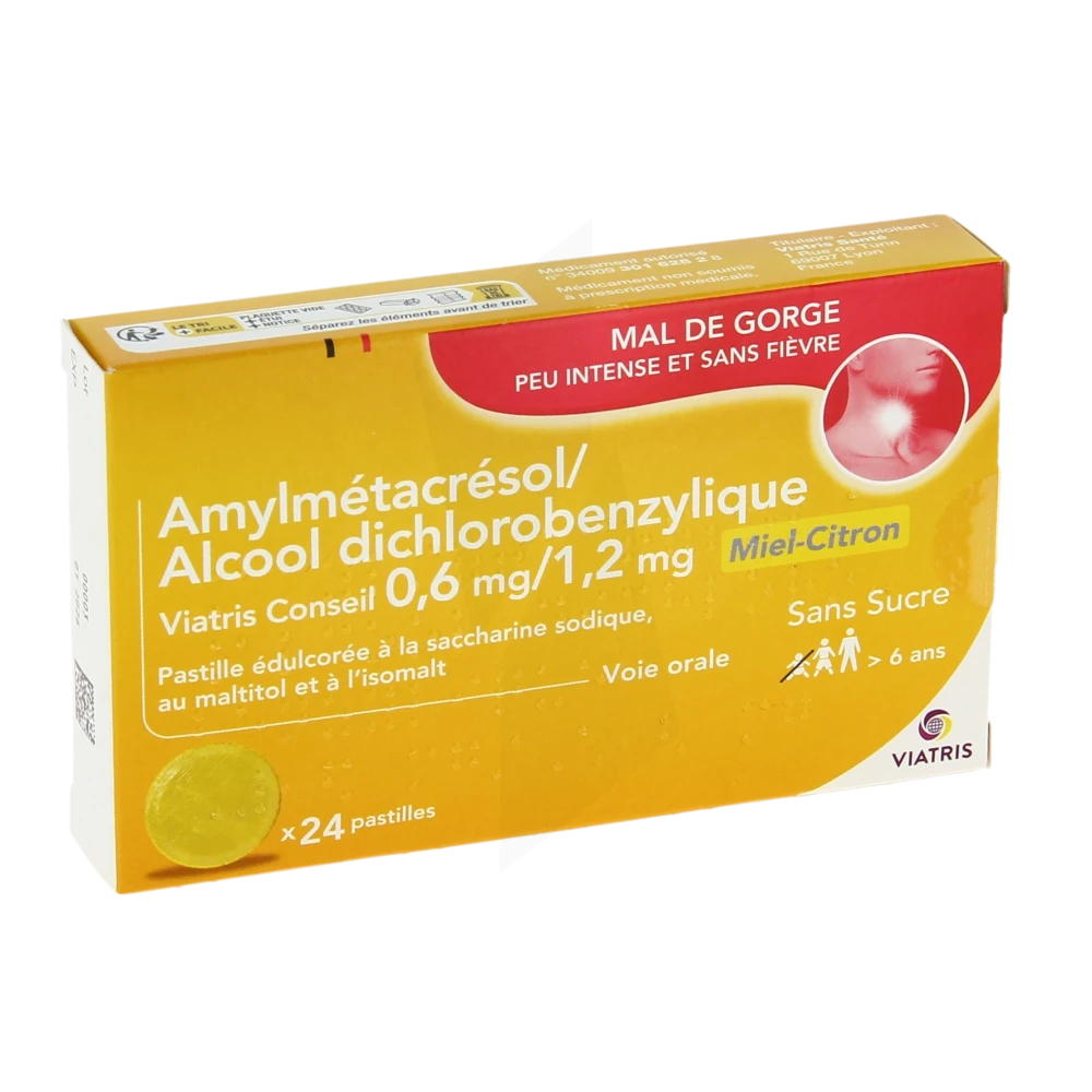 Amylmetacresol/alcool Dichlorobenzylique Mylan Conseil 0,6mg/1,2mg Miel-citron Sans Sucre