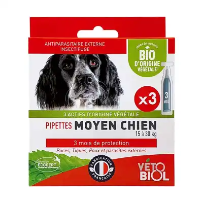 Vétobiol bio Pipettes Antiparasitaire Chien Moyen B/3 à LE PIAN MEDOC