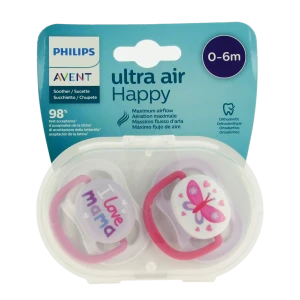 Avent Ultra Air Sucette Silicone 0-6mois Girl Love Mama B/2