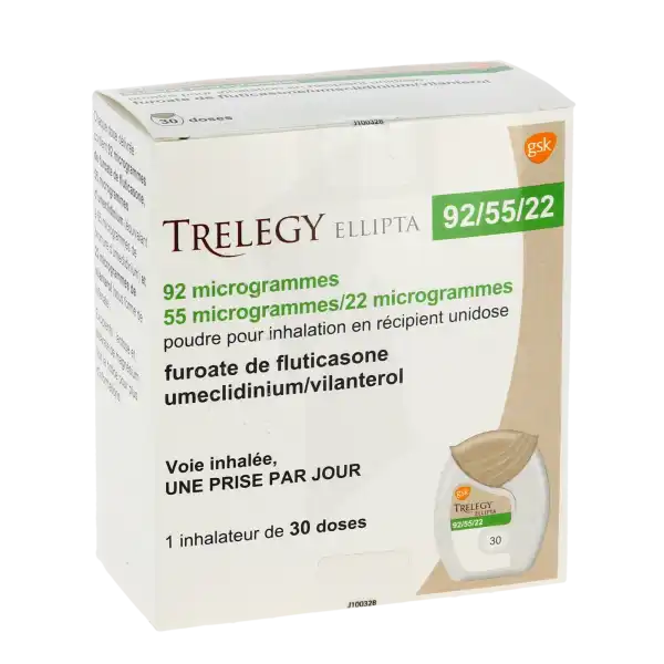 Trelegy Ellipta 92 Microgrammes/55 Microgrammes/22 Microgrammes, Poudre Pour Inhalation En Récipient Unidose