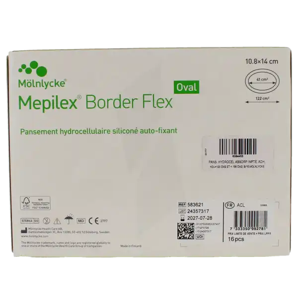 Mepilex Border Flex Oval Pans Hydrocellulaire Adhésif Stérile Siliconé 10.8x14cm B/16