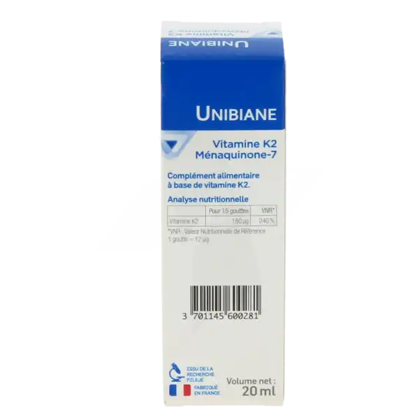 Pileje Unibiane Vitamine K2 Ménaquinone-7 Solution Buvable Flacon Compte-goutte 20ml