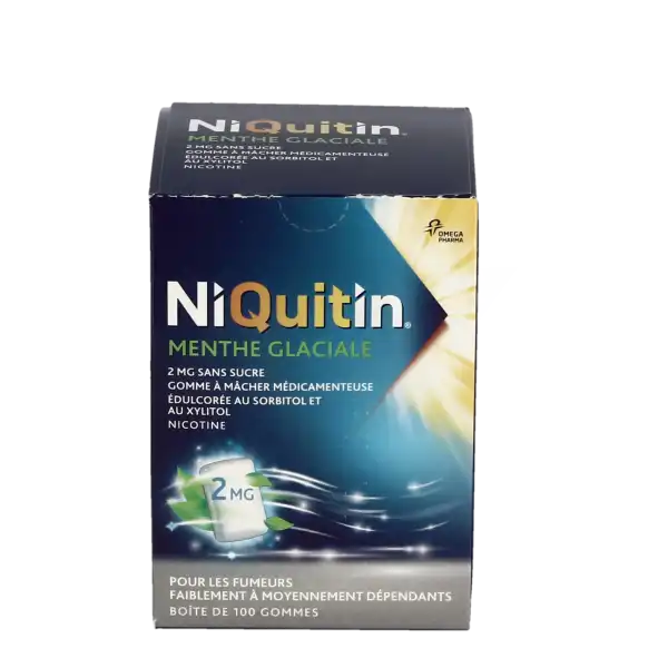 Niquitin Menthe Glaciale 2 Mg Sans Sucre, Gomme à Mâcher Médicamenteuse édulcorée Au Sorbitol Et Au Xylitol