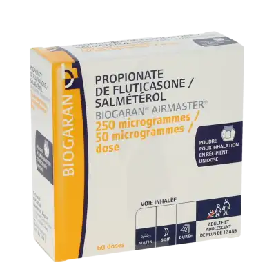 PROPIONATE DE FLUTICASONE/SALMETEROL BIOGARAN AIRMASTER 250 microgrammes/ 50 microgrammes/dose, poudre pour inhalation en récipient unidose
