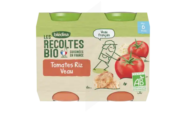 Blédina Les Récoltes Bio Tomates Riz Veau 2 Pots/200g