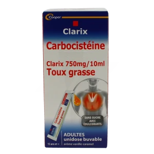 Carbocisteine Clarix 750 Mg/10 Ml Adultes, Solution Buvable En Sachet édulcorée à La Saccharine Sodique, Au Sorbitol Et Au Maltitol Liquide