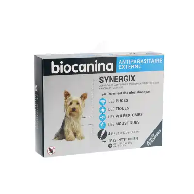 Biocanina Synergix 26,8mg/240mg Solution Pour Spot-on Très Petit Chien 4 Pipettes/0,44ml à Ris-Orangis