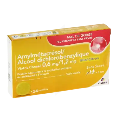 AMYLMETACRESOL/ALCOOL DICHLOROBENZYLIQUE VIATRIS CONSEIL 0,6 mg/1,2 mg MIEL CITRON, pastille édulcorée à la saccharine sodique, au maltitol et à l'isomalt
