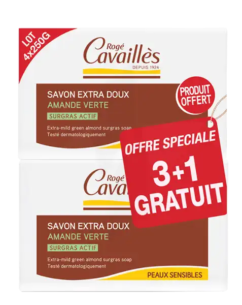 Rogé Cavaillès Savon Surgras Extra Doux Amande Verte 3x250g + 1 Offert
