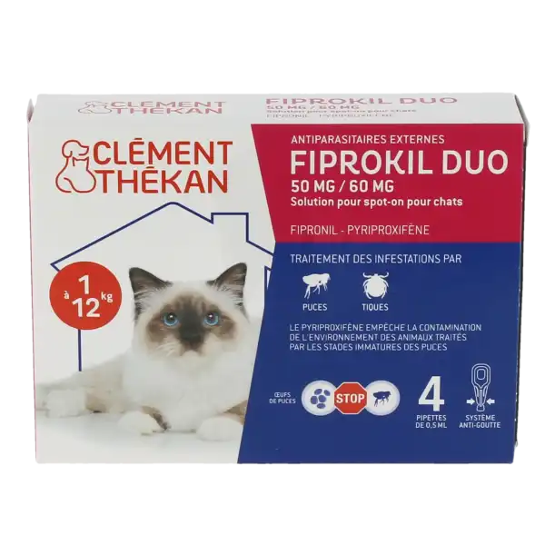 Fiprokil Duo 50mg/60mg Solution Pour Spot-on Chat Moins De 4kg 4 Pipettes/0,5ml