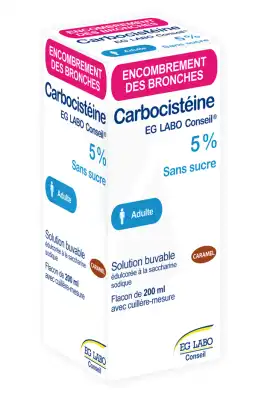 CARBOCISTEINE EG LABO CONSEIL 5 % ADULTES SANS SUCRE, solution buvable édulcorée à la saccharine sodique