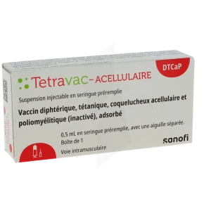 Tetravac-acellulaire, Suspension Injectable En Seringue Préremplie. Vaccin Diphtérique, Tétanique, Coquelucheux Acellulaire Et Poliomyélitique (inactivé), Adsorbé