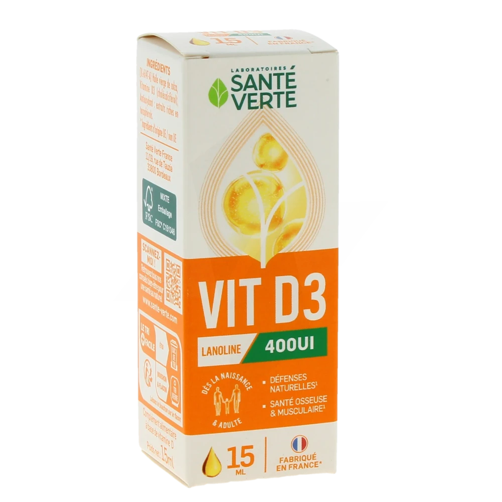 Santé Verte Vitamine D3 400 Ui Solution Buvable Flacon Compte-gouttes De 15 Ml