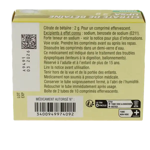 Citrate De Betaine Upsa 2 G Menthe Sans Sucre, Comprimé Effervescent édulcoré à La Saccharine Sodique