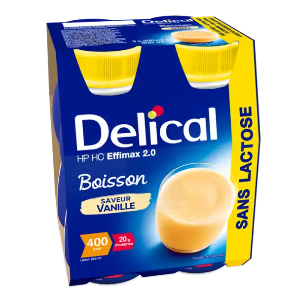 Delical Effimax Boisson Hp Hc Sans Lactose Sans Fibres Nutriment Vanille 4 Bouteilles/200ml