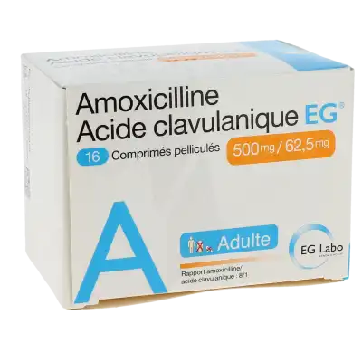 AMOXICILLINE/ACIDE CLAVULANIQUE EG 500 mg/62,5 mg ADULTES, comprimé pelliculé (rapport amoxicilline/acide clavulanique : 8/1)