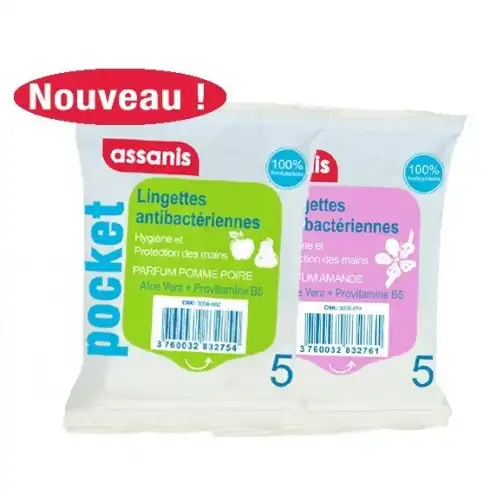 Assanis Pocket Lingette Antibactérienne Mains Amande Douce Sachet/5