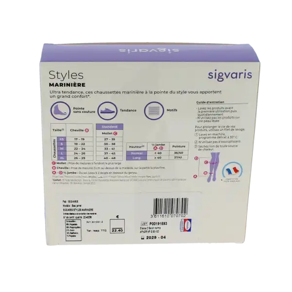 Sigvaris Styles Marinière Chaussette Classe 2 Femme Ecru/blanc Long S