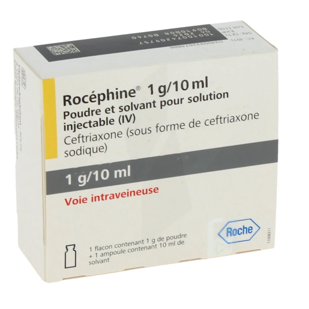 Rocephine 1 G/10 Ml, Poudre Et Solvant Pour Solution Injectable (iv)