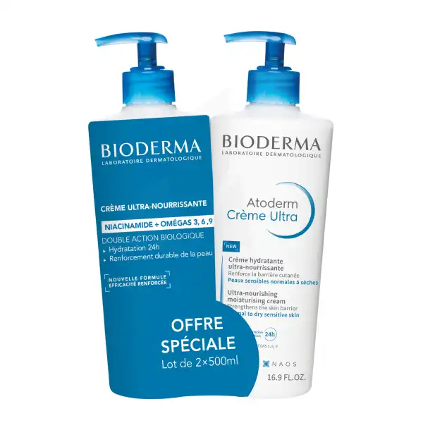 Bioderma Atoderm Crème Ultra Nourissante Hydratante Peau Sèches 2x500ml