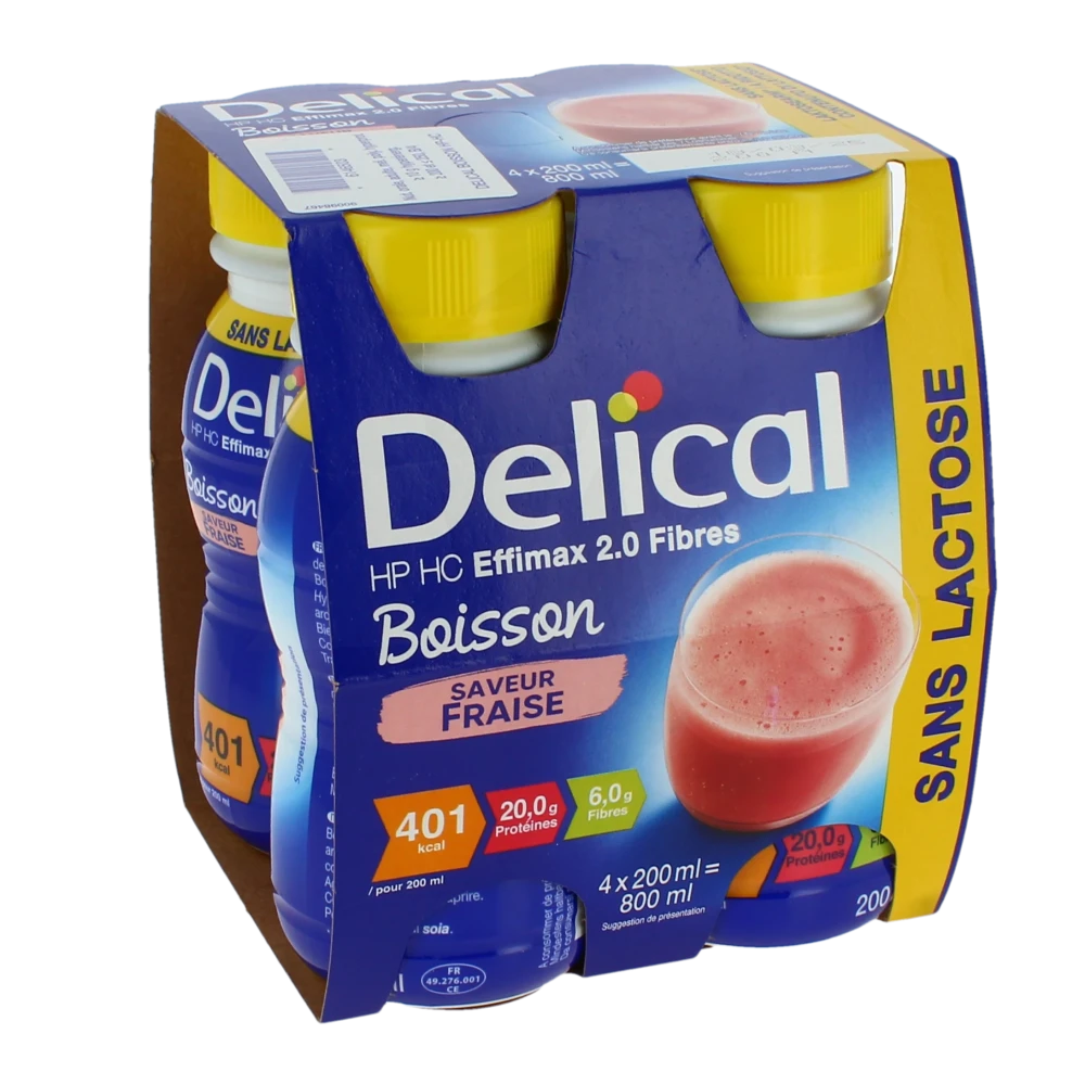 Delical Effimax Boisson Hp Hc Sans Lactose Avec Fibres Nutriment Fraise 4 Bouteilles/200ml