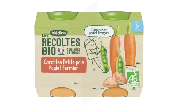 Blédina Les Récoltes Bio Carottes Petits Pois Poulet 2 Pots/200g