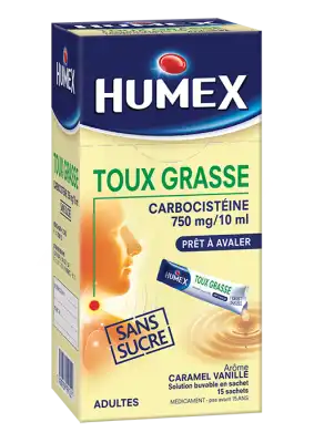 HUMEX EXPECTORANT CARBOCISTEINE 750 mg/10 ml ADULTES SANS SUCRE, solution buvable en sachet édulcorée à la saccharine sodique, au sorbitol et au maltitol liquide