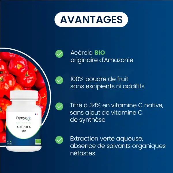 Dynveo Acerola Bio Pur 34% Vitamine C 500mg 60 Gélules