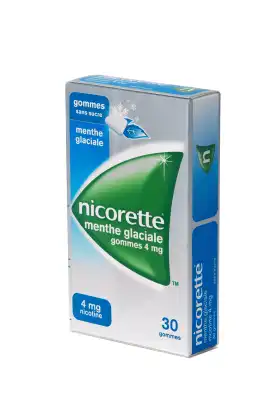 NICORETTE MENTHE GLACIALE 4 mg SANS SUCRE, gomme à mâcher médicamenteuse édulcorée au xylitol et à l'acésulfame potassique