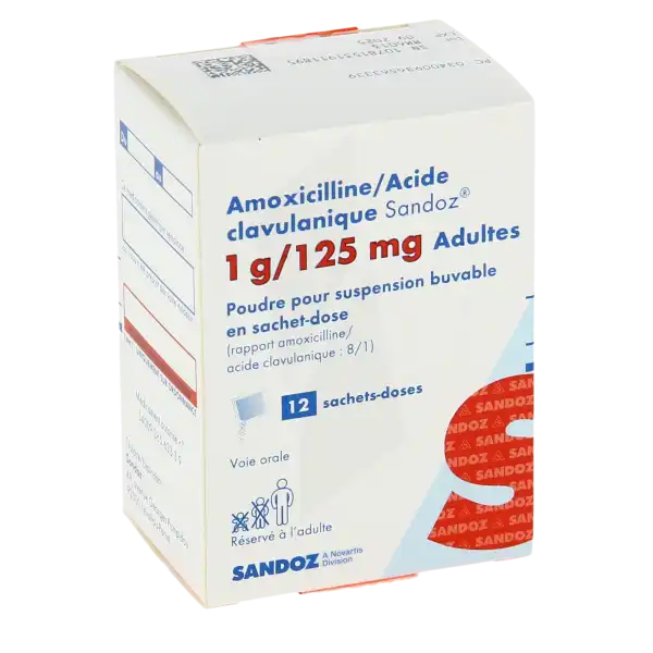 Amoxicilline/acide Clavulanique Sandoz 1 G/125 Mg Adultes, Poudre Pour Suspension Buvable En Sachet-dose (rapport Amoxicilline/acide Clavulanique : 8/1)
