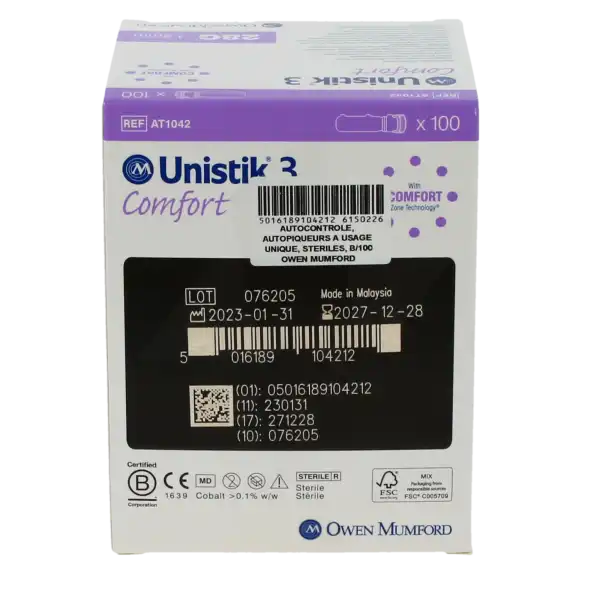 Unistik 3 Comfort Auto-piqueurs à Usage Unique Lancettes 28g Pour Tests De Glycémie 1,8mm