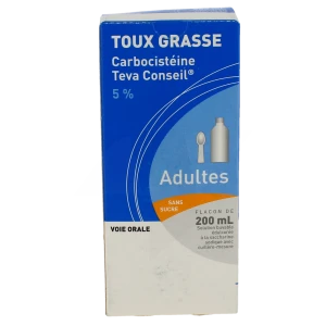 Carbocisteine Teva Conseil 5 % Adultes Sans Sucre, Solution Buvable édulcorée à La Saccharine Sodique