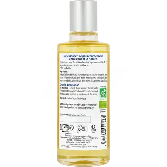 Natessance Huile Argan Bio équitable Fl/100ml