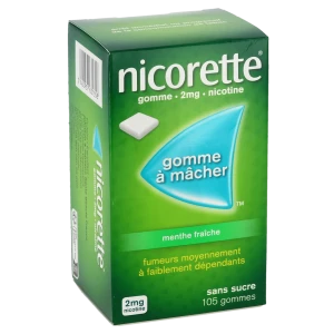 Nicorette Menthe Fraiche 2 Mg Sans Sucre, Gomme à Mâcher Médicamenteuse édulcorée Au Xylitol Et à L'acésulfame Potassique