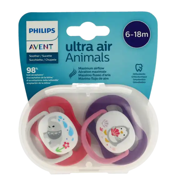 Avent Ultra Air Sucette Silicone 6-18mois Animaux Mauve B/2