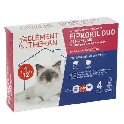 Fiprokil Duo 50mg/60mg Solution pour spot-on chat moins de 4kg 4 Pipettes/0,5ml