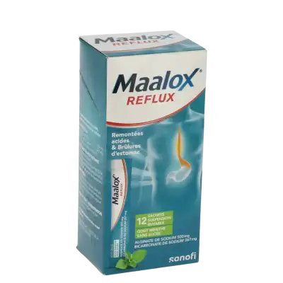 MAALOX REFLUX ALGINATE DE SODIUM/BICARBONATE DE SODIUM MENTHE 500 mg/267 mg SANS SUCRE, suspension buvable en sachet, édulcorée à la saccharine sodique
