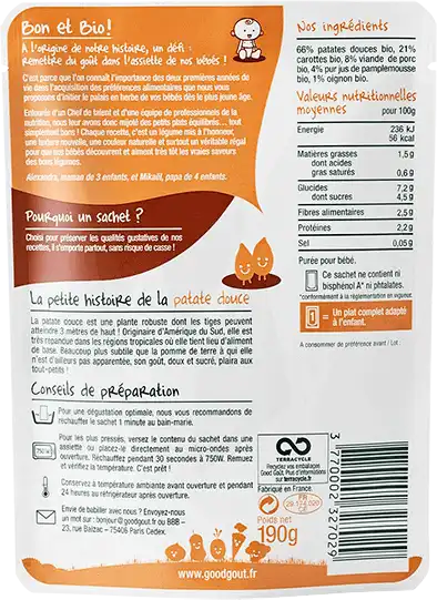 Good Goût Alimentation Infantile Patate Douce Sauté De Porc Sachet/190g