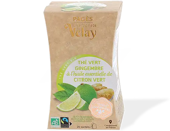 Pagès Thé Vert Gingembre à L'huile Essentielle De Citron Vert Thé Vert Bio Boîte De 20 Sachets