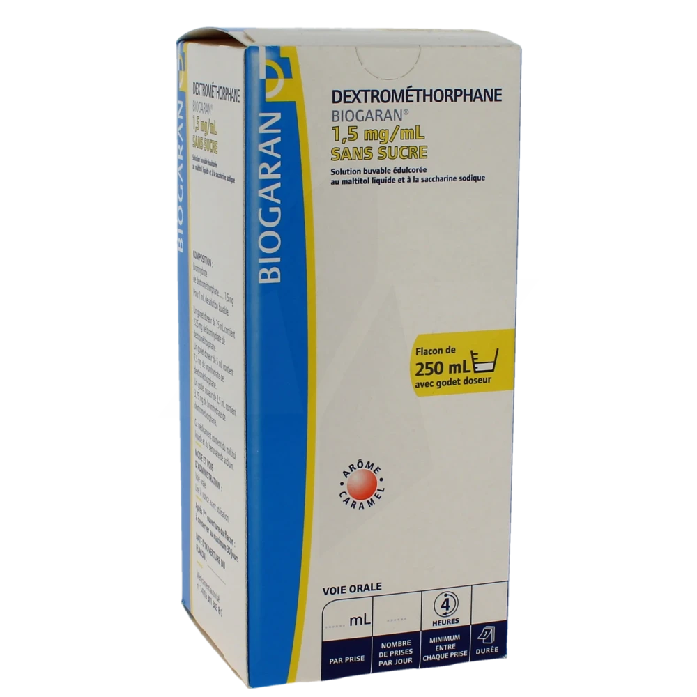 Dextromethorphane Biogaran 1,5 Mg/ml Sans Sucre, Solution Buvable édulcorée Au Maltitol Liquide Et à La Saccharine Sodique