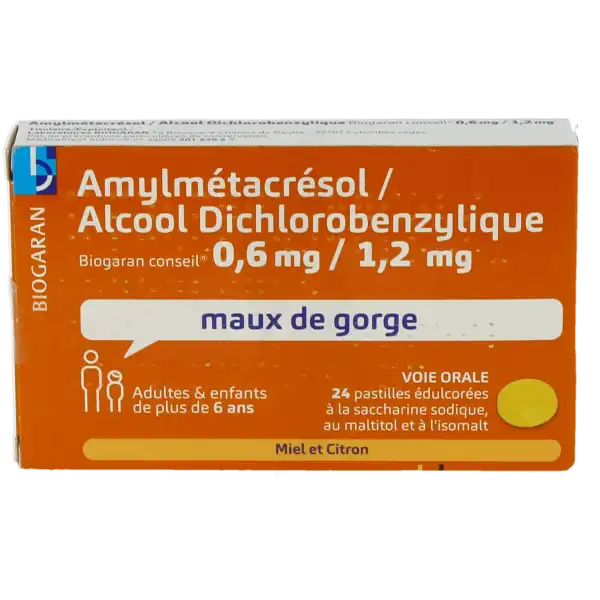 Amylmetacresol/alcool Dichlorobenzylique Biogaran Conseil 0,6 Mg/1,2 Mg Miel Et Citron, Pastille édulcorée à La Saccharine Sodique, Au Maltitol Et à L'isomalt