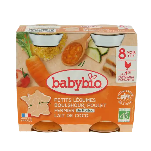 Babybio Alimentation Infantile Petits Légumes Boulghour Poulet Coco Morceaux 2pots/200g