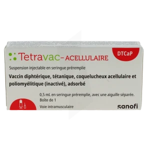 Tetravac-acellulaire, Suspension Injectable En Seringue Préremplie. Vaccin Diphtérique, Tétanique, Coquelucheux Acellulaire Et Poliomyélitique (inactivé), Adsorbé