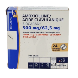 Amoxicilline/acide Clavulanique Biogaran 500 Mg/62,5 Mg, Comprimé Pelliculé (rapport Amoxicilline/acide Clavulanique : 8/1)