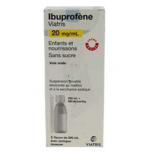 Ibuprofene Viatris 20 Mg/ml Enfants Et Nourrissons Sans Sucre, Suspension Buvable édulcorée Au Maltitol Et à La Saccharine Sodique