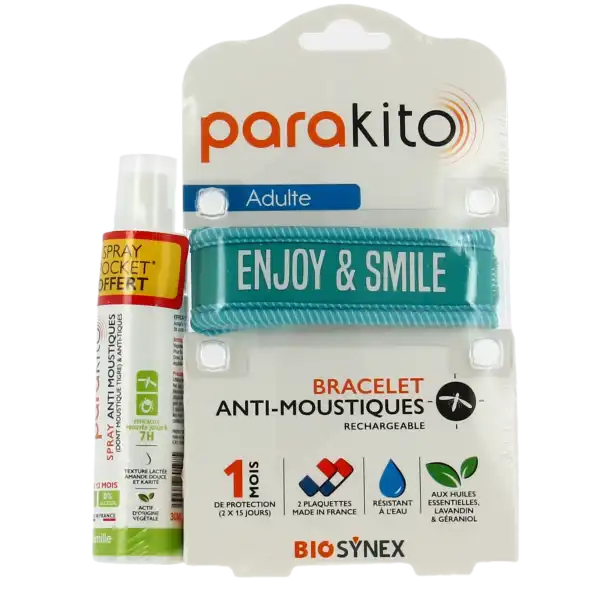 Parakito Bracelet Anti-moustique Adulte Good Vibes Bleu +spray Offert 30ml