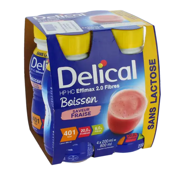 Delical Effimax Boisson Hp Hc Sans Lactose Avec Fibres Nutriment Fraise 4 Bouteilles/200ml