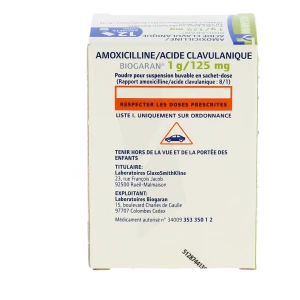 Amoxicilline/acide Clavulanique Biogaran 1 G/125 Mg, Poudre Pour Suspension Buvable En Sachet-dose (rapport Amoxicilline/acide Clavulanique : 8/1)