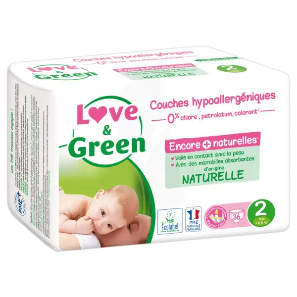 Love & Green Couches Hypoallergéniques T2 (3-6kg) Paquet/36